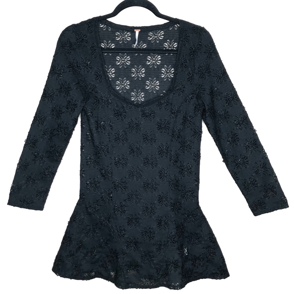 Free People Black Lace Floral Peplum Top